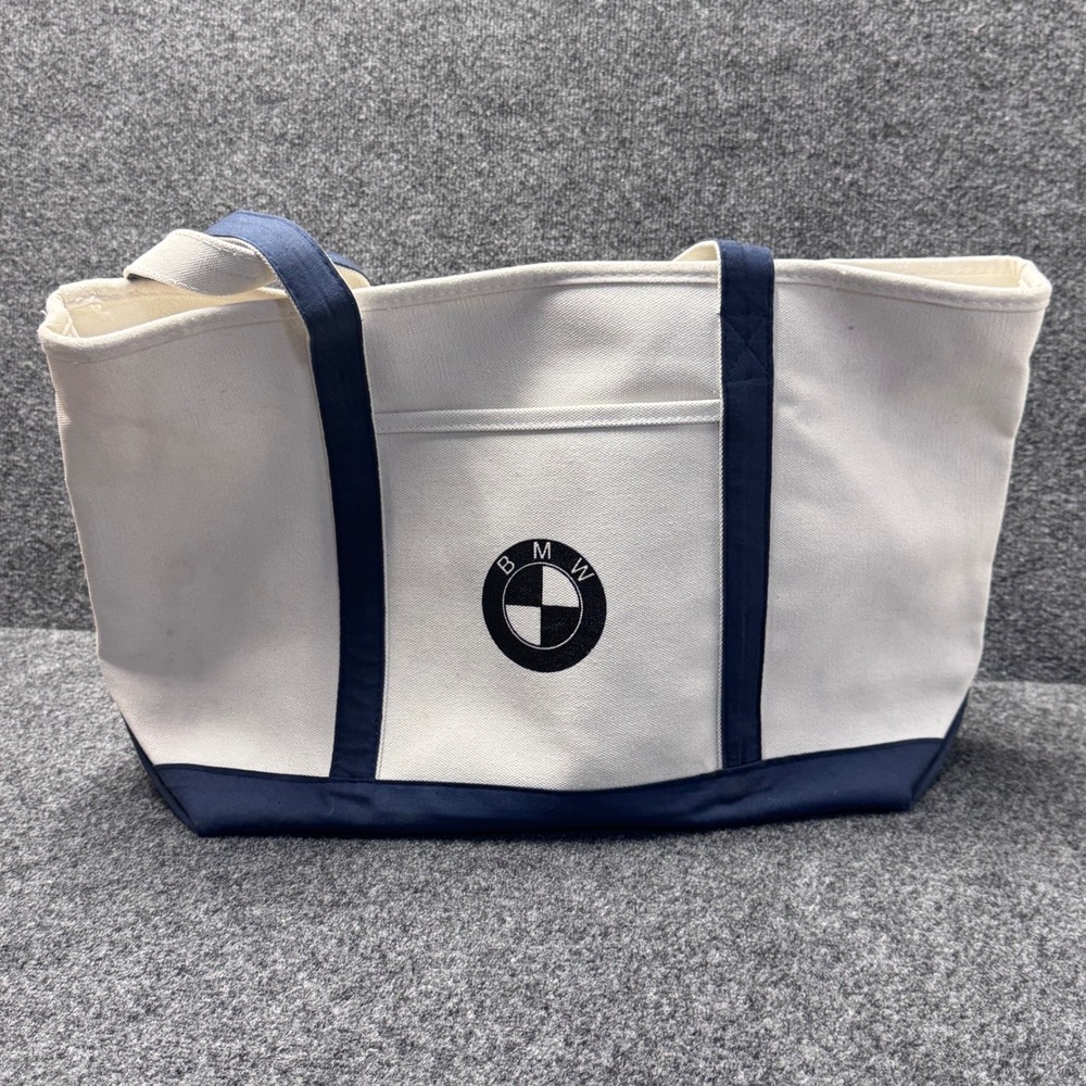 BMW Tote Bag Unisex Large White Navy Canvas Logo Automotive Preppy Travel